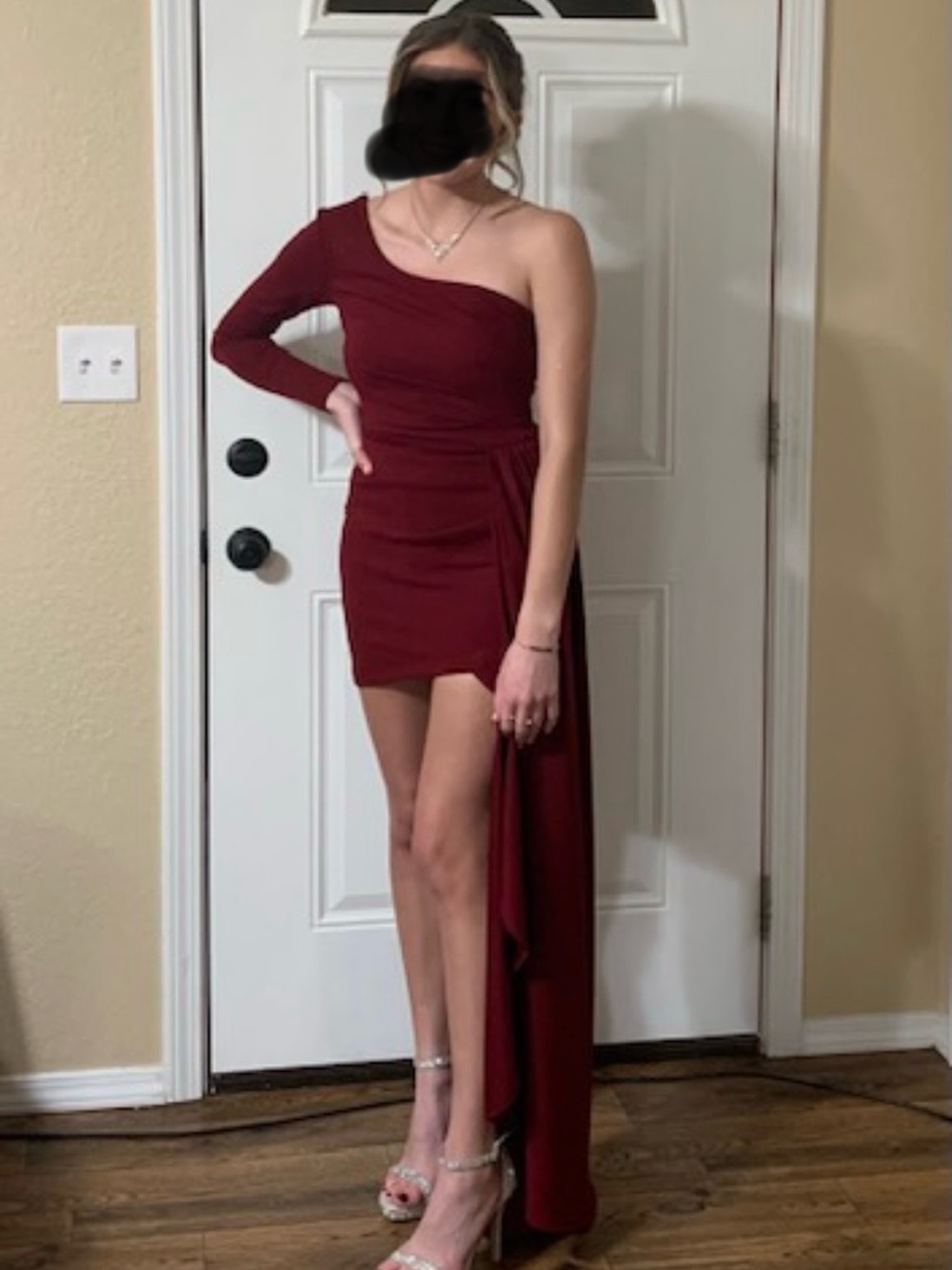 Windsor One-Shoulder Burgundy Asymmetric Mini Dress with Draped Trail